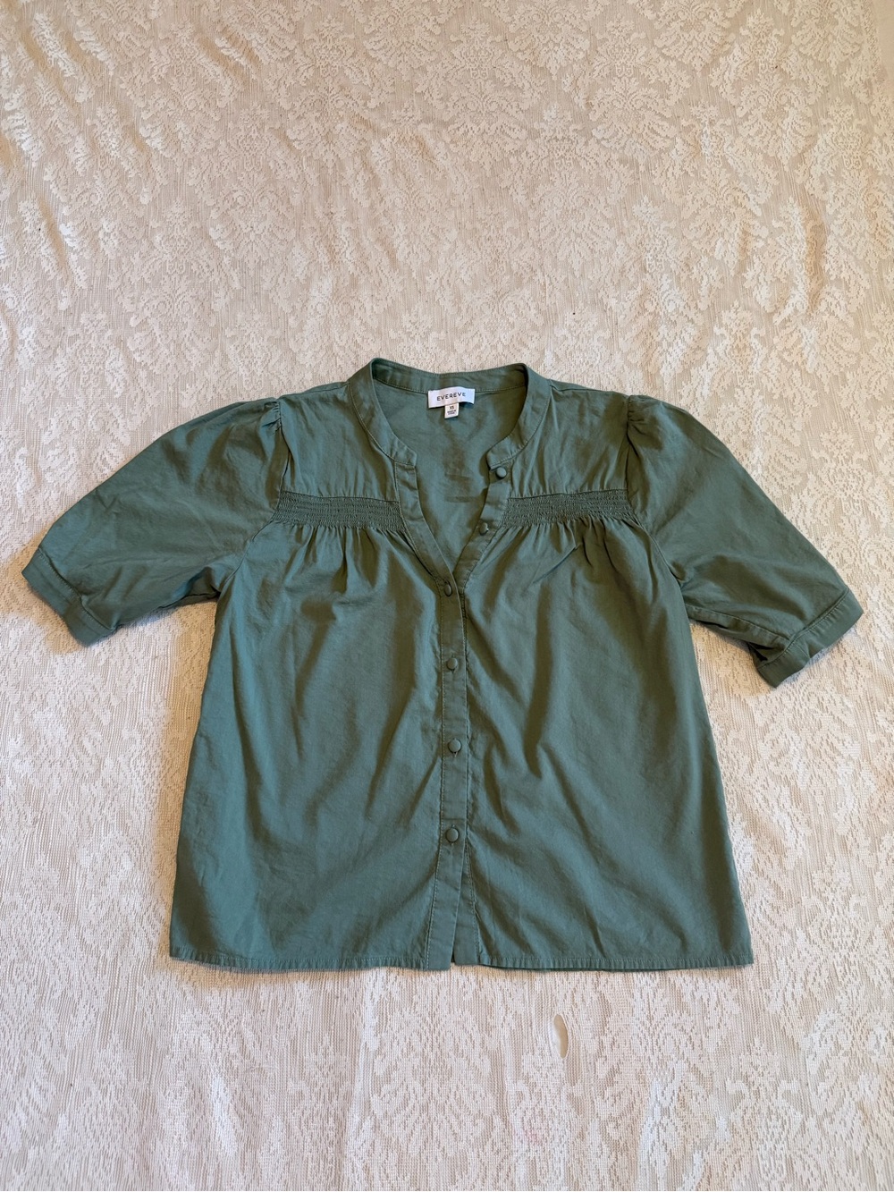 Evereve sage green puff sleeve button front top